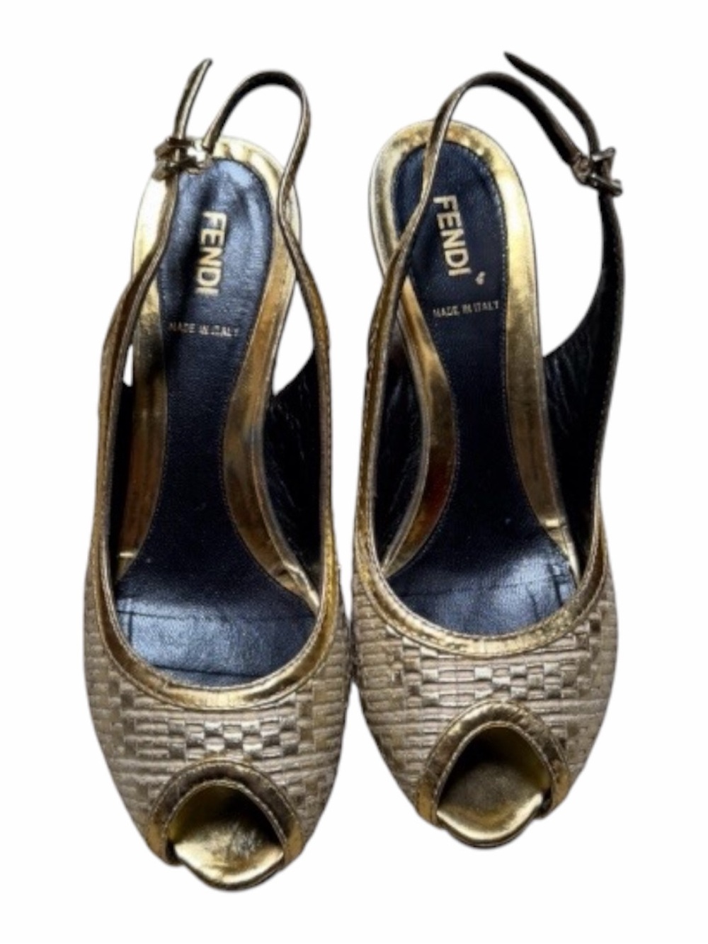 Fendi Metallic Gold Woven Peep-Toe Slingback Heels